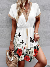 A-Line Loose Butterfly Print Elasticity Hollow Split-Joint Tasseled Tied Waist V-Neck Mini Dresses